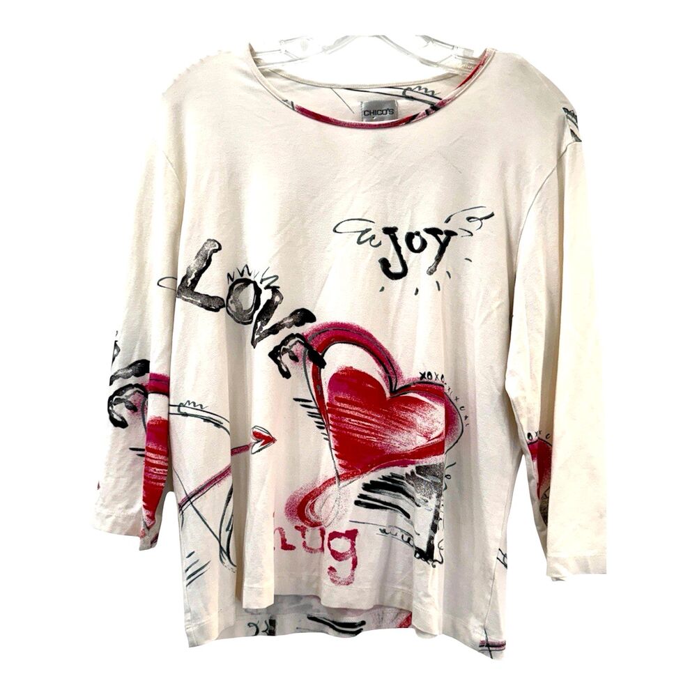 Chicos Womens Heart Hugs Joy Love Top Size Large White Red Black Graphic Tee